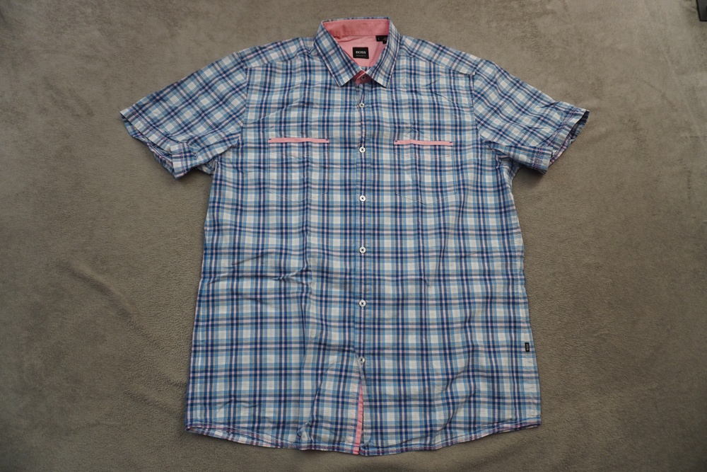 BOSS Hugo Boss Shirt Mens Large Blue Plaid Short Sleeve Cotton Pockets Casual